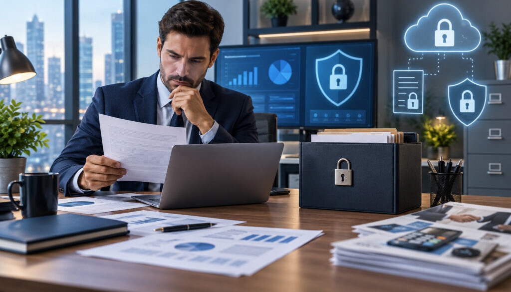 Business professional securely reviewing sensitive payment processing statements