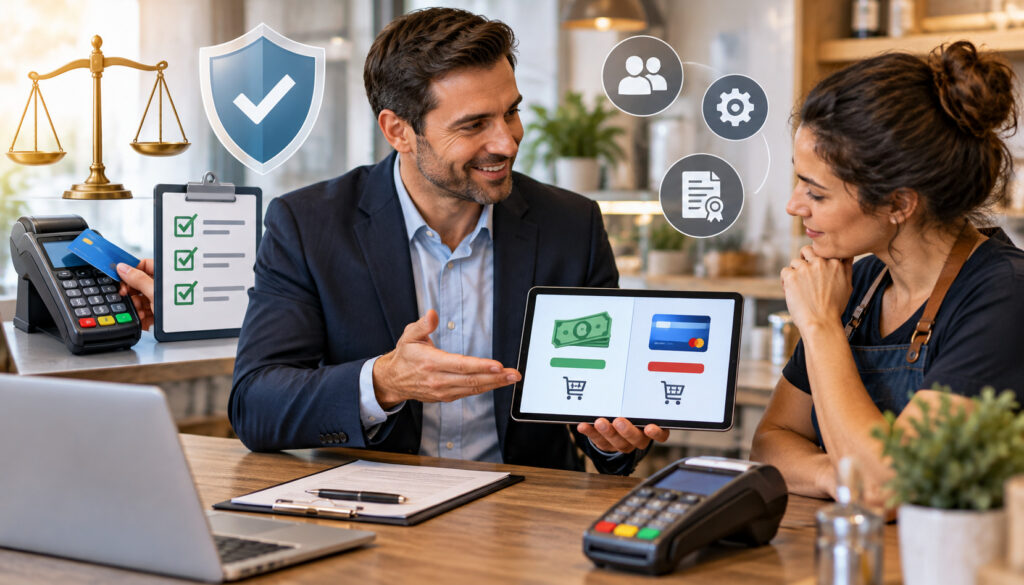 Agent explaining compliant dual pricing to a merchant at a payment terminal