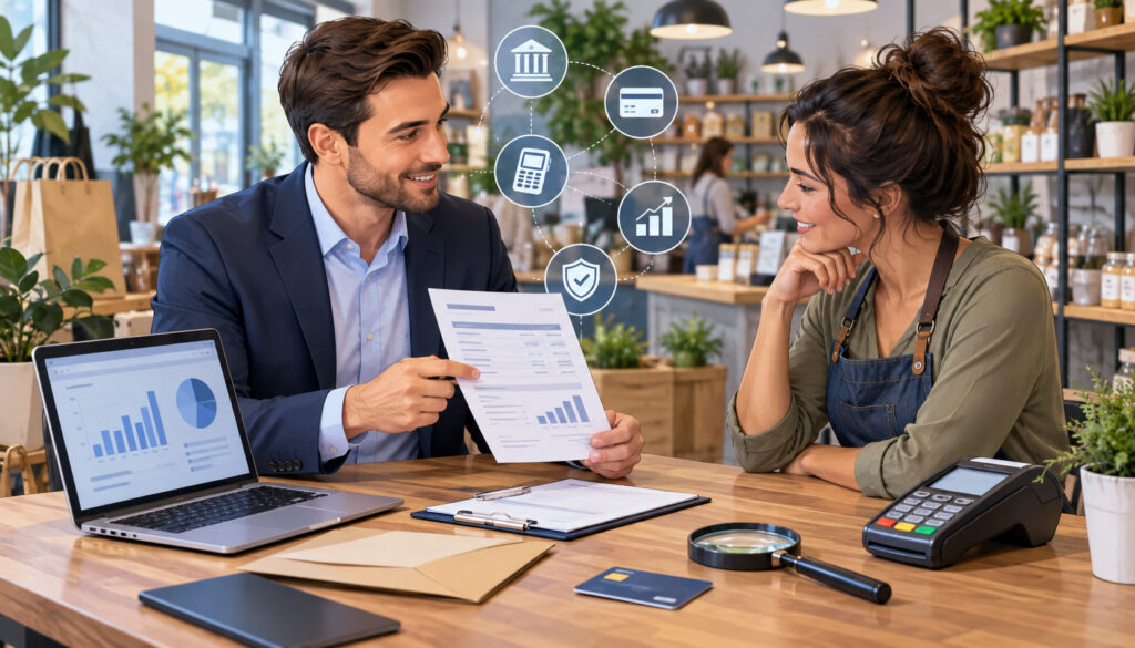 Merchant services agent reviewing a processing statement with a small business owner