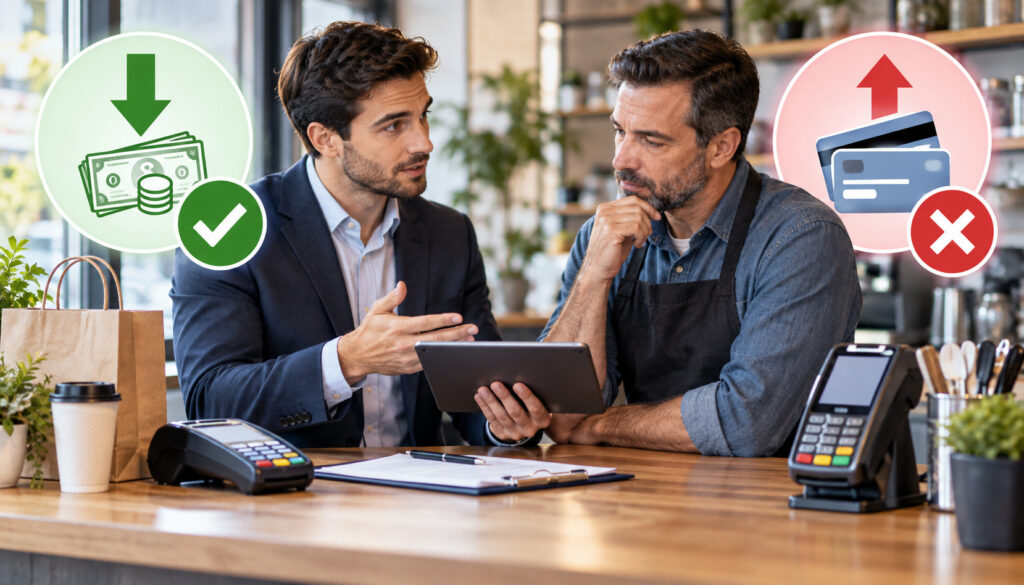 Merchant discussing cash discount and credit card surcharge options