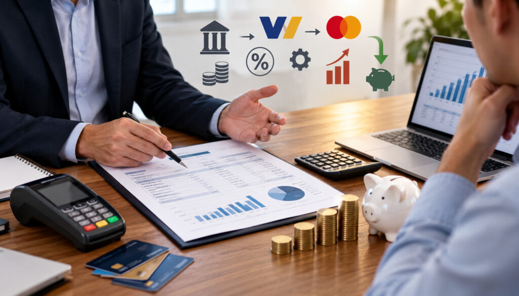 Agent reviewing interchange and markup fees on a merchant processing statement