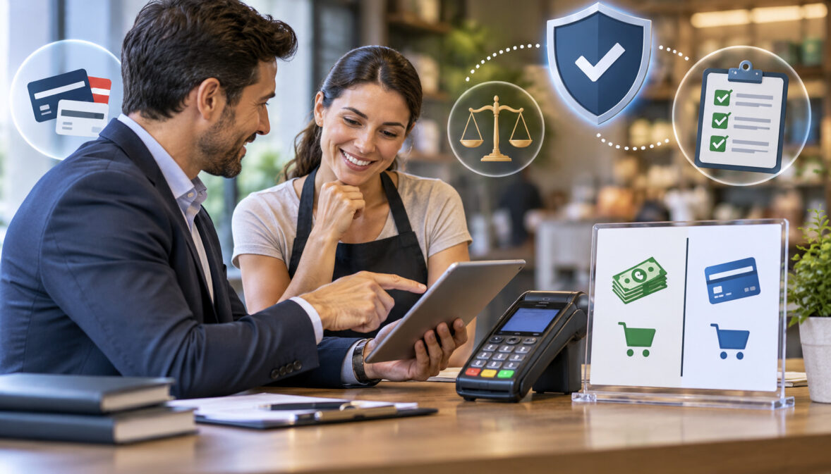 Dual pricing compliance consultation with merchant and payment terminal